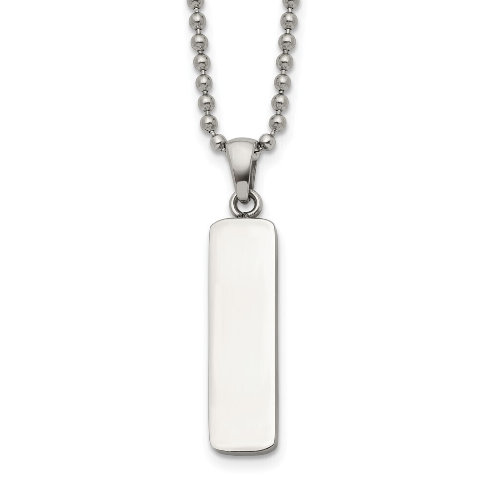 Kazi Luxury Steel Polished Vertical ID Bar Pendant on a 22in Ball Chain Necklace